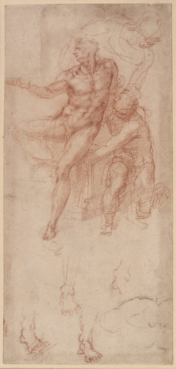 Figura Estudos (giz vermelho sobre papel) de Michelangelo Buonarroti