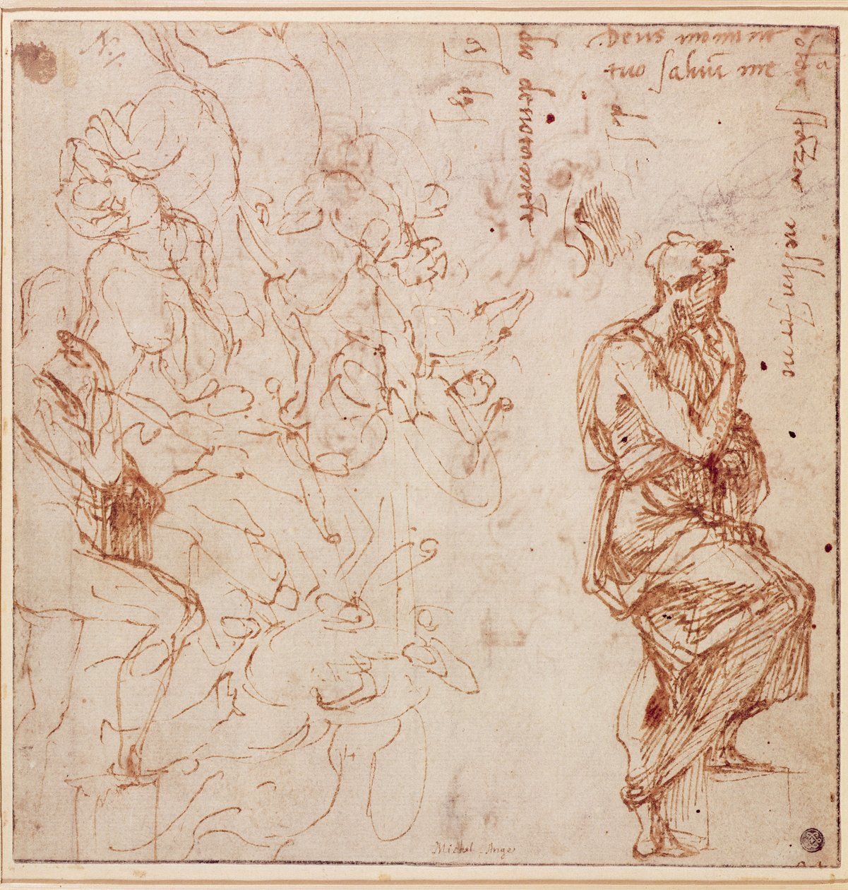 Figura Estudos para uma mulher (tinta marrom sobre papel) de Michelangelo Buonarroti