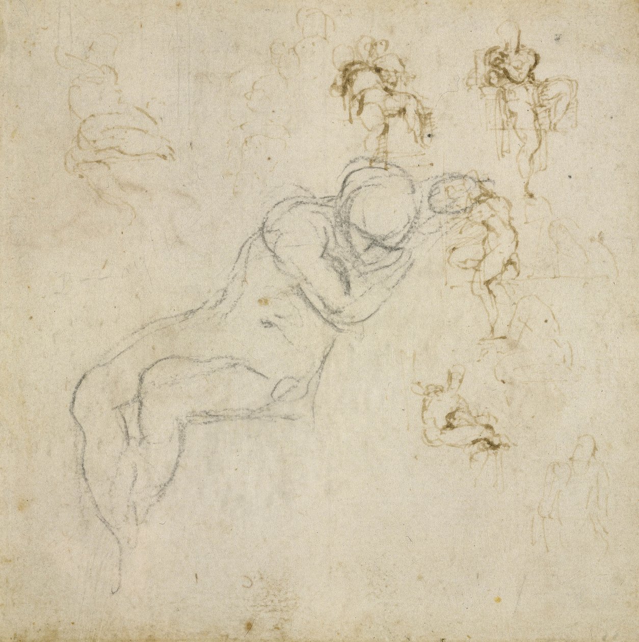 Figura Estudo, c.1511 (giz preto, caneta e tinta no papel) de Michelangelo Buonarroti