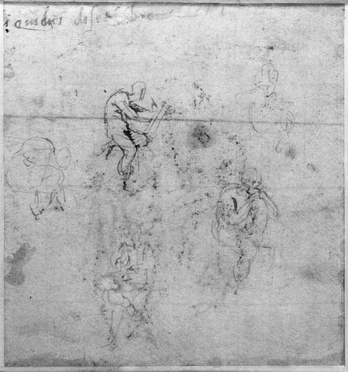 Figura estudos para as Lunettes do teto da Capela Sistene, c.1511 (caneta e giz preto sobre papel) de Michelangelo Buonarroti