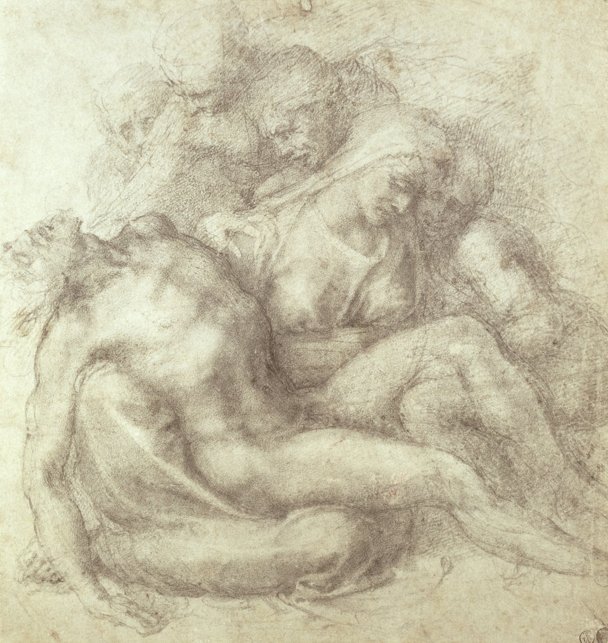 Estudo de figuras para a lamentação sobre os mortos Cristo, 1530 (giz preto sobre papel) de Michelangelo Buonarroti
