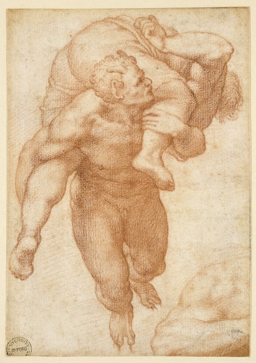 Grupo do Juízo Final (giz vermelho sobre papel pardo pálido) de Michelangelo Buonarroti