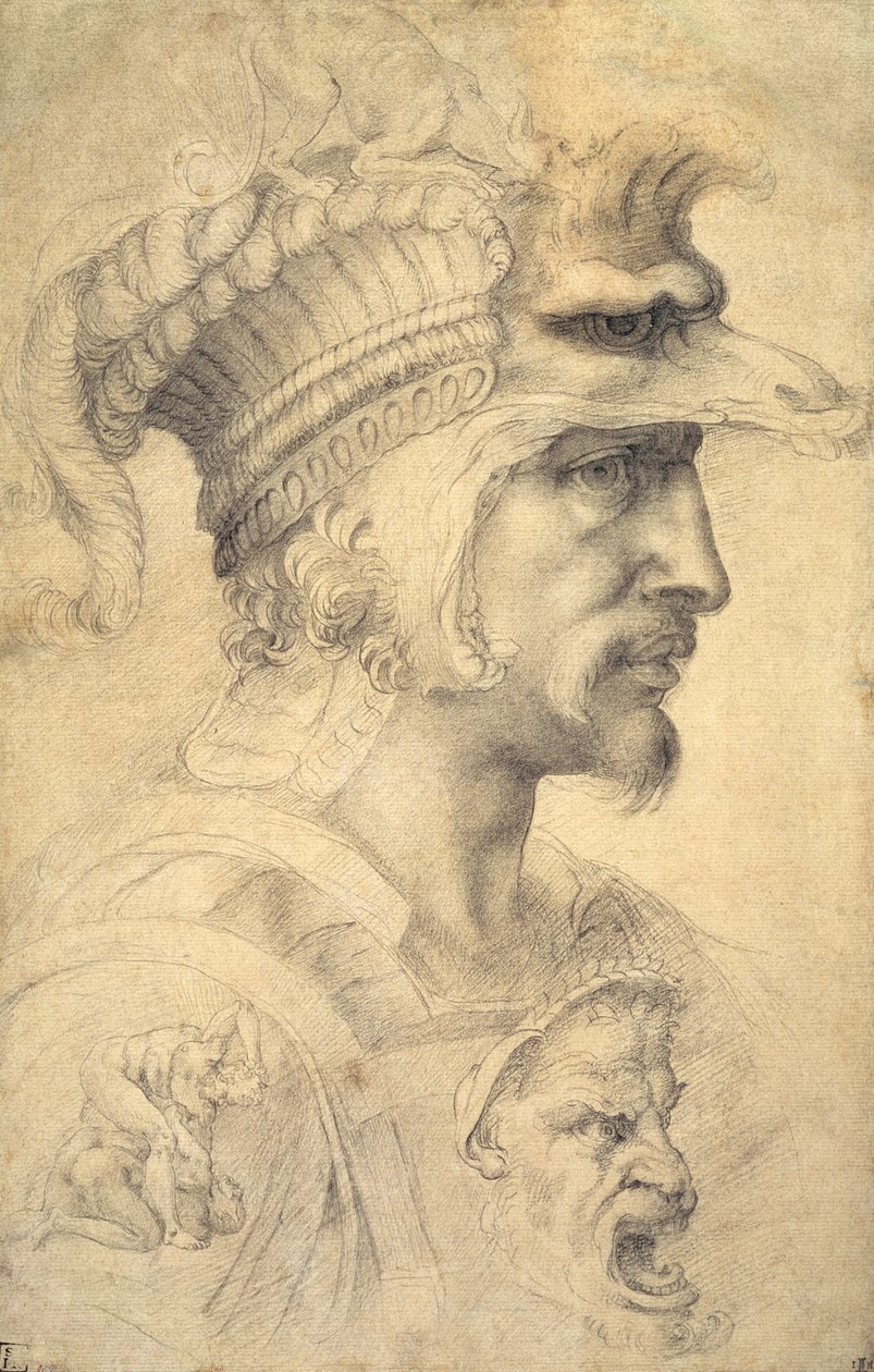 Cabeça ideal de um guerreiro (giz preto sobre papel) de Michelangelo Buonarroti