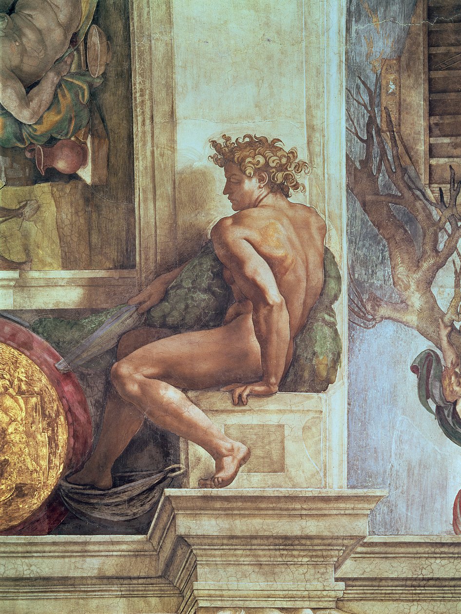 Ignudo do teto da Sistina (pré-restauração) de Michelangelo Buonarroti