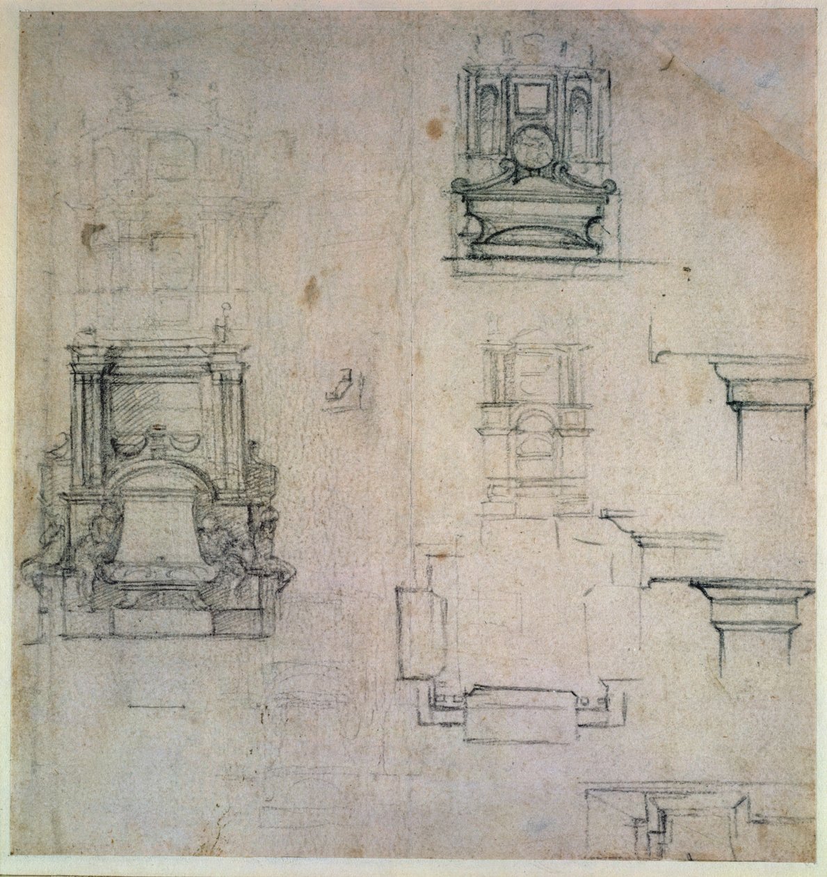 Inv. 1859 6-25-545. R. (W. 25) Desenhos para túmulos (giz vermelho) de Michelangelo Buonarroti