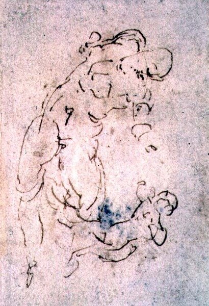 Inv. 1859 6-25-553. R. (W.56) Esboço de macho e criança reclináveis (giz vermelho) de Michelangelo Buonarroti