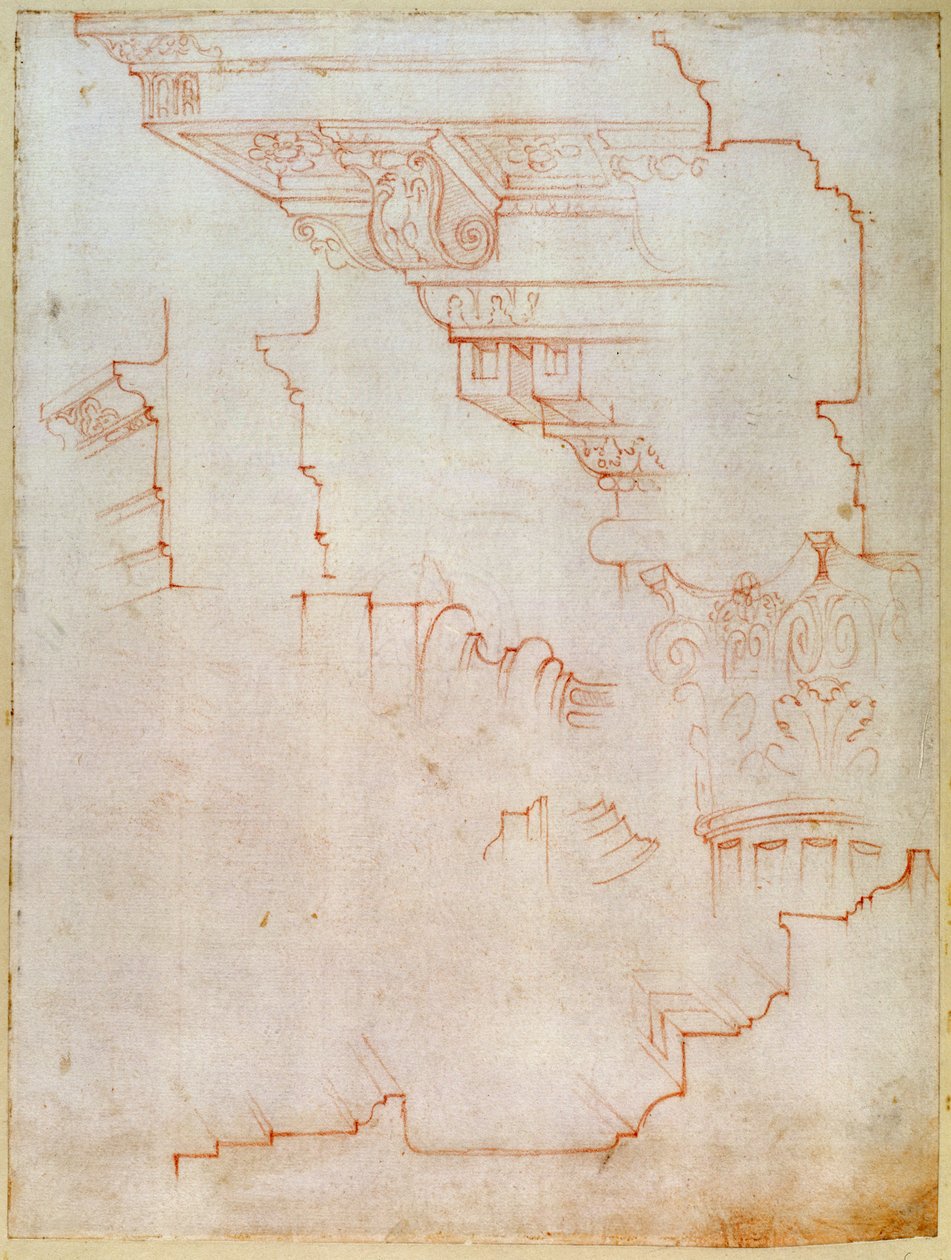 Inv. 1859 6-25-5602. R. (W.19) Desenho de detalhes arquitetônicos (giz vermelho) de Michelangelo Buonarroti