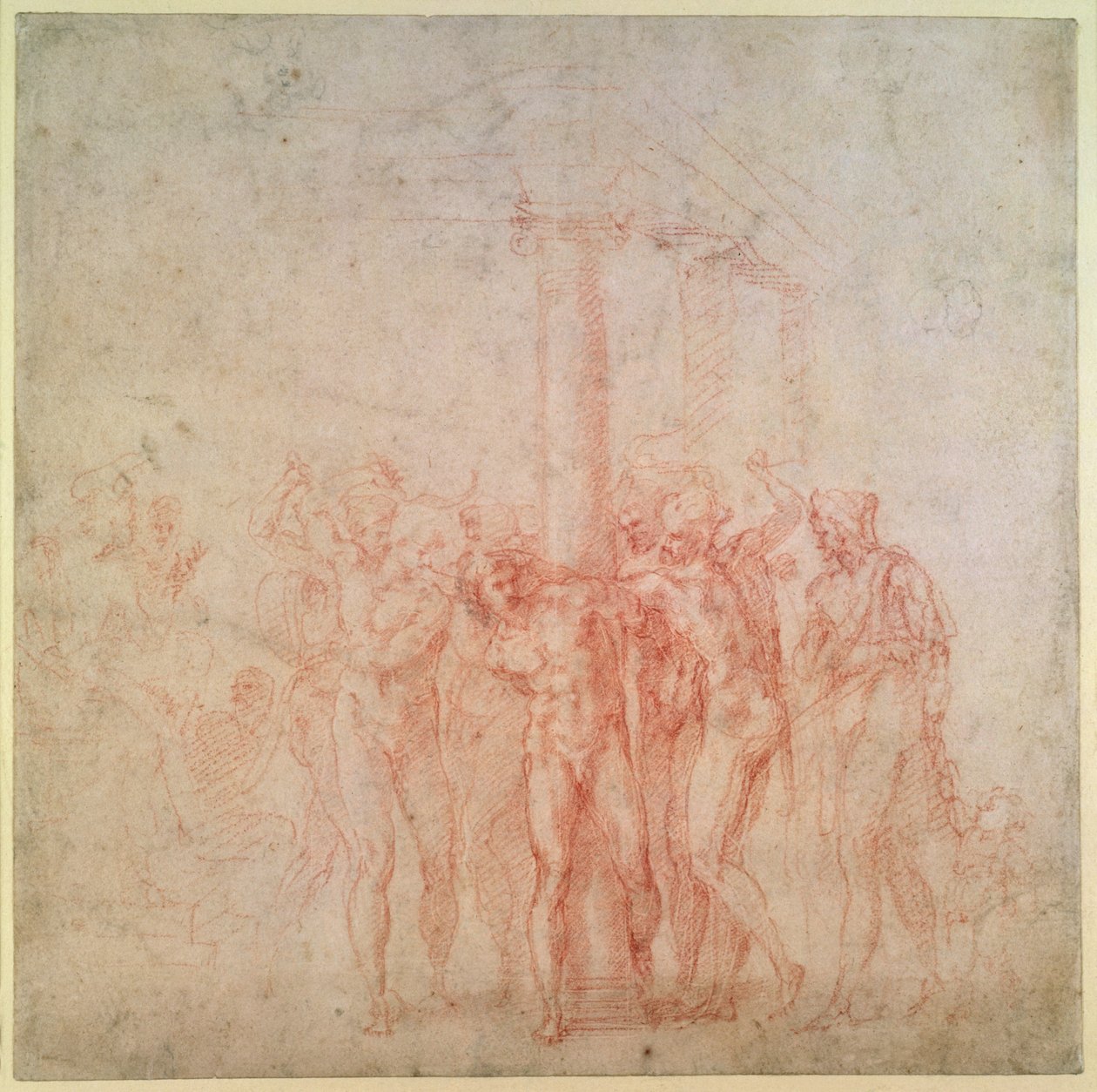 Inv. 1895 6-15-500. R. (W.15) A Flagelação de Cristo (giz vermelho sobre papel) de Michelangelo Buonarroti