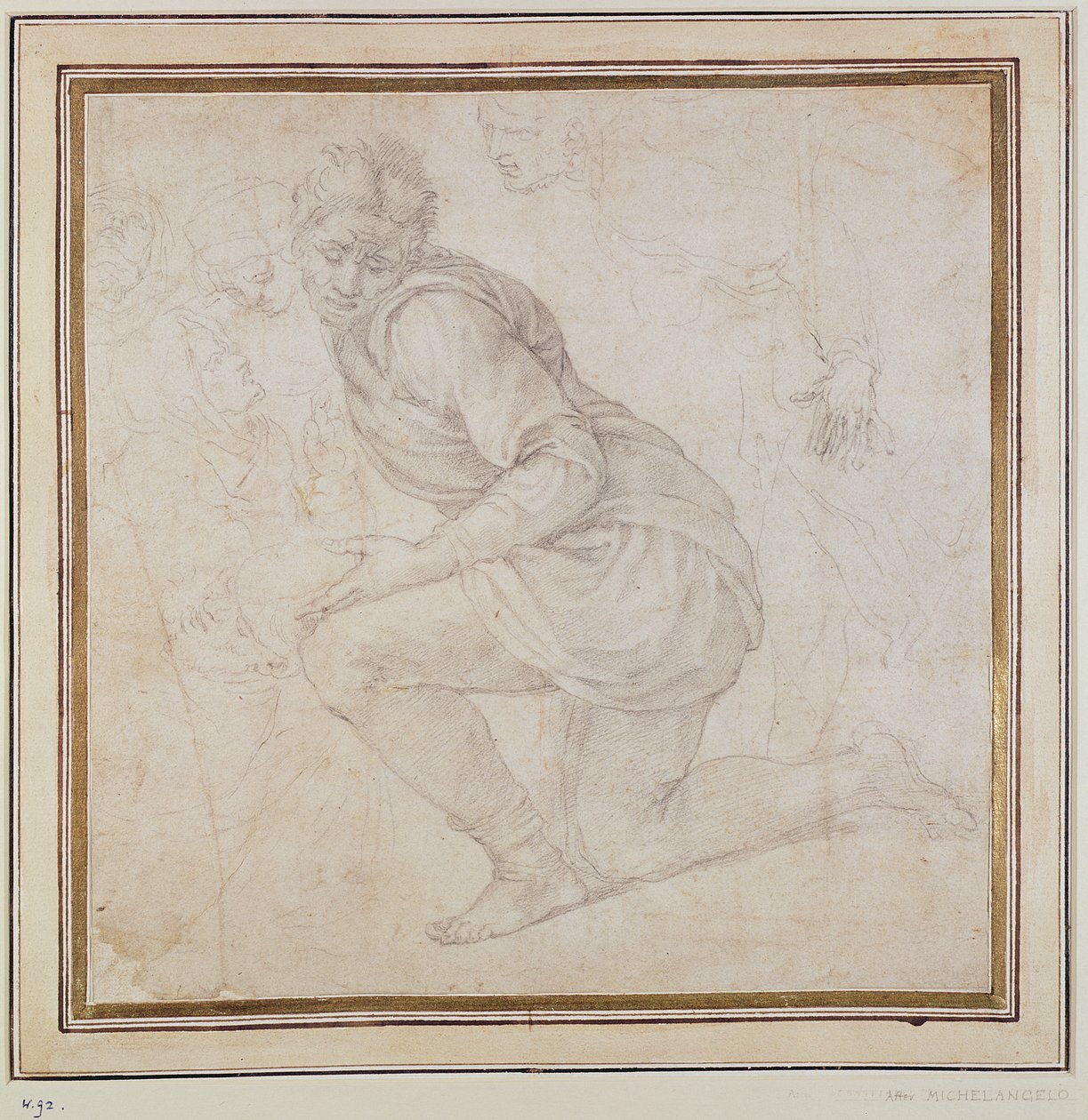 Inv. 5211-75 Fawkener Recto (W.92) Homem ajoelhado (desenho) de Michelangelo Buonarroti