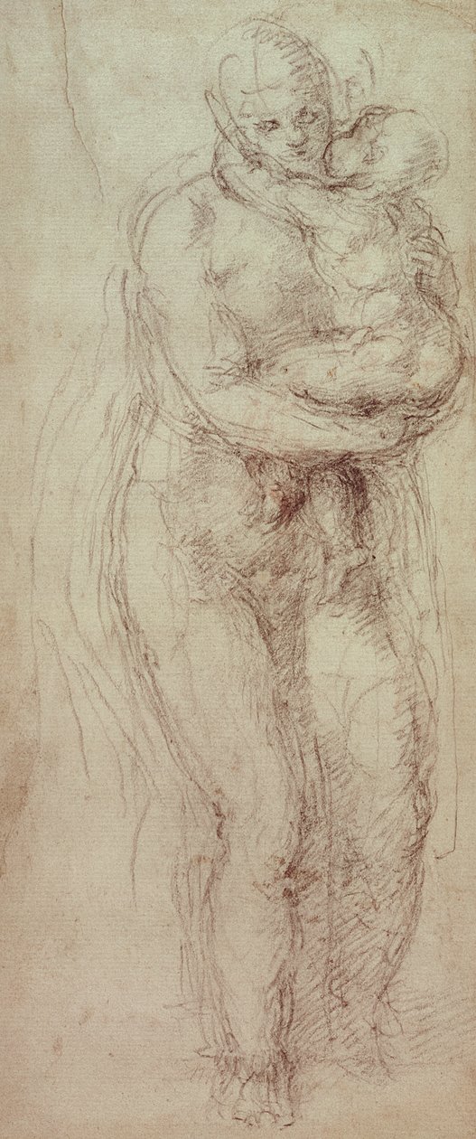 Madonna e criança (giz preto sobre papel) de Michelangelo Buonarroti