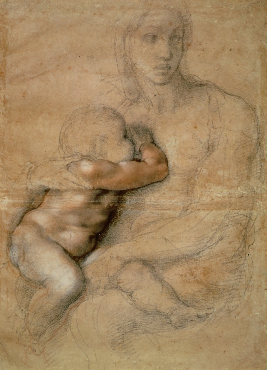 Madonna e criança, c.1525 (lápis e giz vermelho sobre papel) de Michelangelo Buonarroti