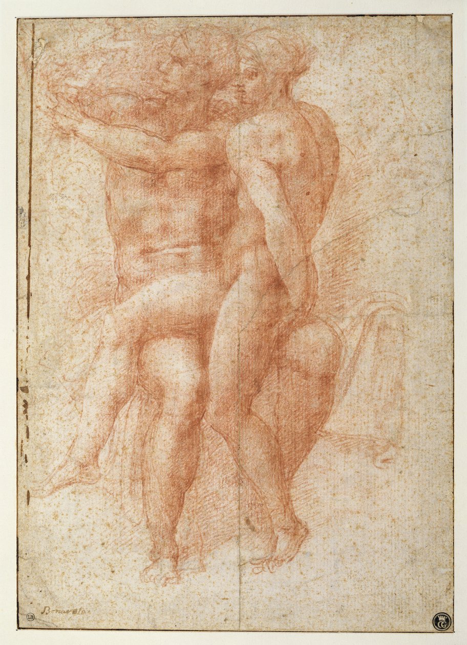 Mulher nua sentada sobre os joelhos de um nu masculino sentado: Adão e Eva (otimista no papel) de Michelangelo Buonarroti