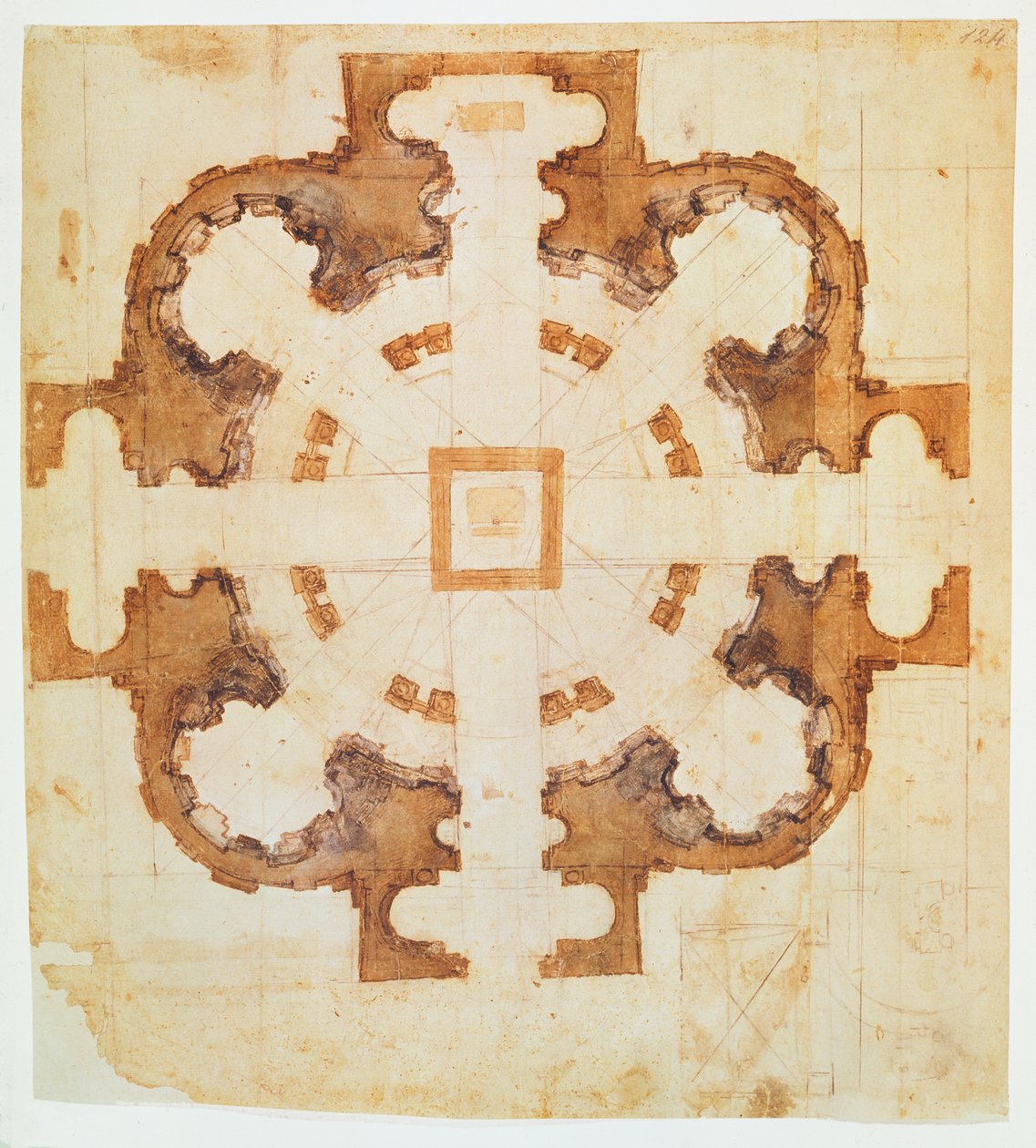 Plano para a igreja de San Giovanni dei Fiorentini, Roma, século XVI, (tinta sobre papel) de Michelangelo Buonarroti