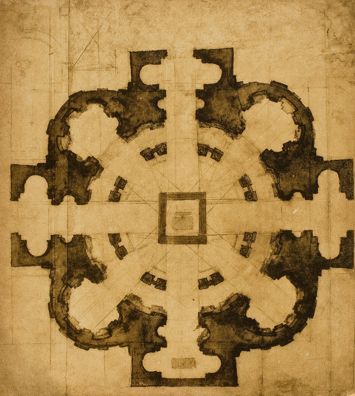 Plano ou projeto para uma igreja, desenho de Michelangelo. Casa Buonarroti, Florença de Michelangelo Buonarroti