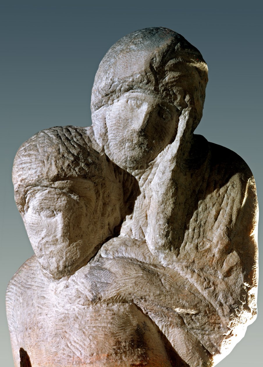 Rondanini Pieta, detalhe das cabeças de Cristo e mármore de Maria de Michelangelo Buonarroti