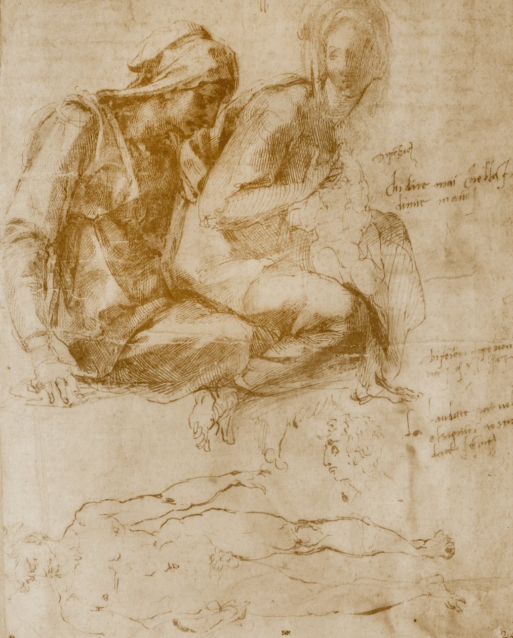 Santa Ana, a Virgem e o Menino e um estudo de um homem nu de Michelangelo Buonarroti