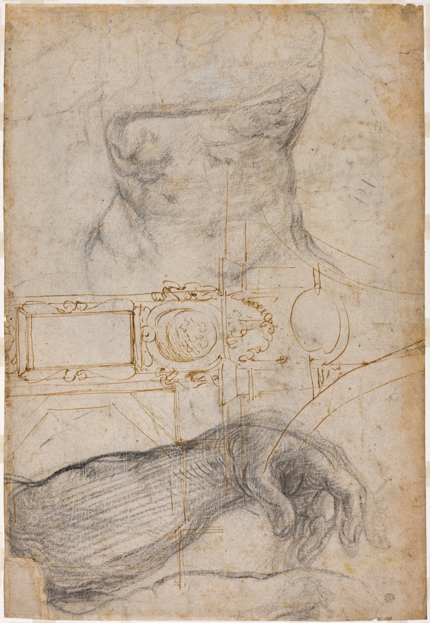 Esquema para a decoração do teto da Capela Sistina, c.1508 (caneta e tinta marrom e giz preto sobre papel creme) de Michelangelo Buonarroti