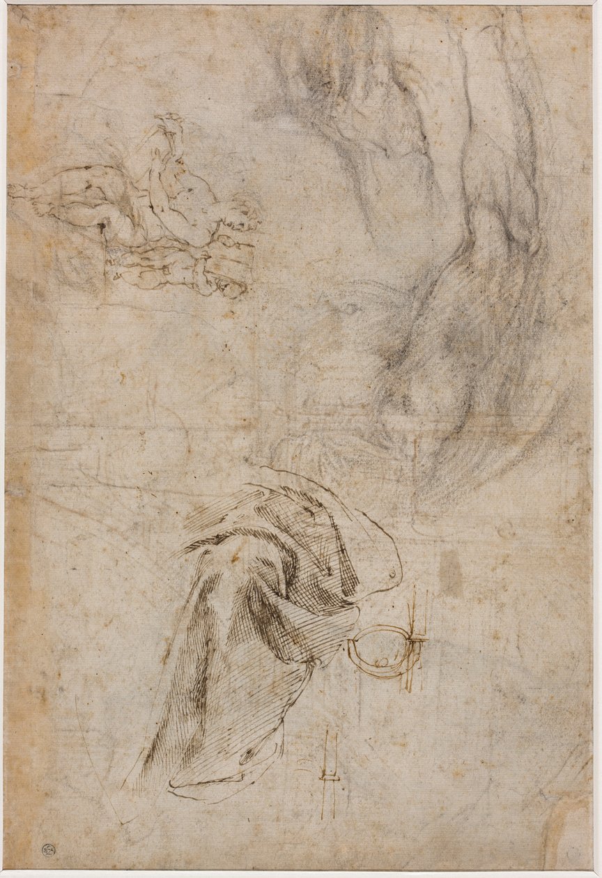 Esquema para a decoração do teto da Capela Sistina, c.1508 (caneta e tinta marrom e carvão sobre papel creme) de Michelangelo Buonarroti