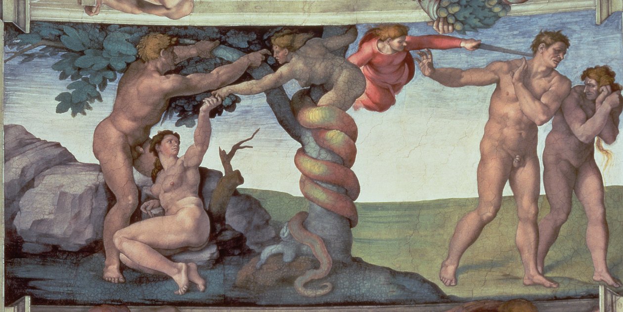 Teto da Capela Sistina (1508-12): A Queda do Homem, 1510 (pós-restauração) de Michelangelo Buonarroti