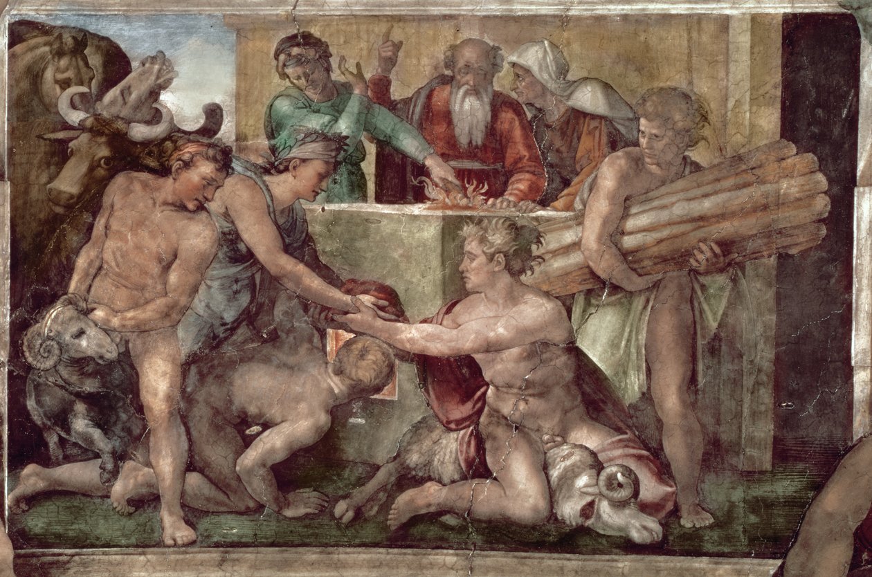 Teto da Capela Sistina (1508-12): O Sacrifício de Noé (pré restauração) (ver também 57568 e 167695) de Michelangelo Buonarroti