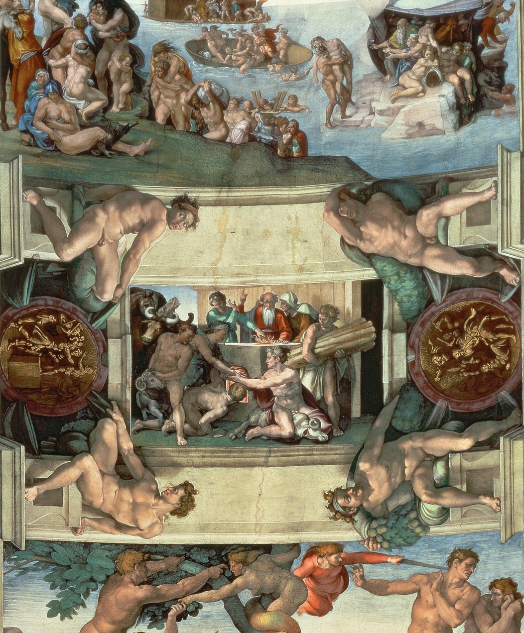 Teto da Capela Sistina (1508-12): O Sacrifício de Noé, 1508-10 (pós-restauração) de Michelangelo Buonarroti