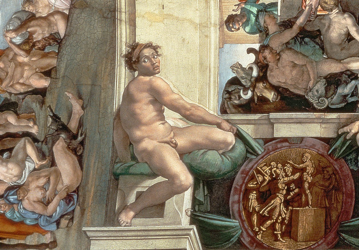 Capela Sistina Teto (1508-12) detalhe de um dos ignudi (detalhe de 167695) de Michelangelo Buonarroti