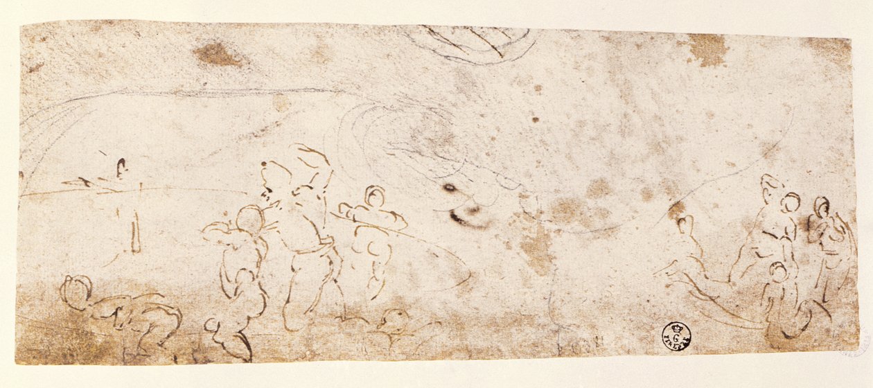 Teto da Capela Sistina (1508-12): esboço de figuras para &39;The Flood&39; (caneta e tinta marrom) de Michelangelo Buonarroti