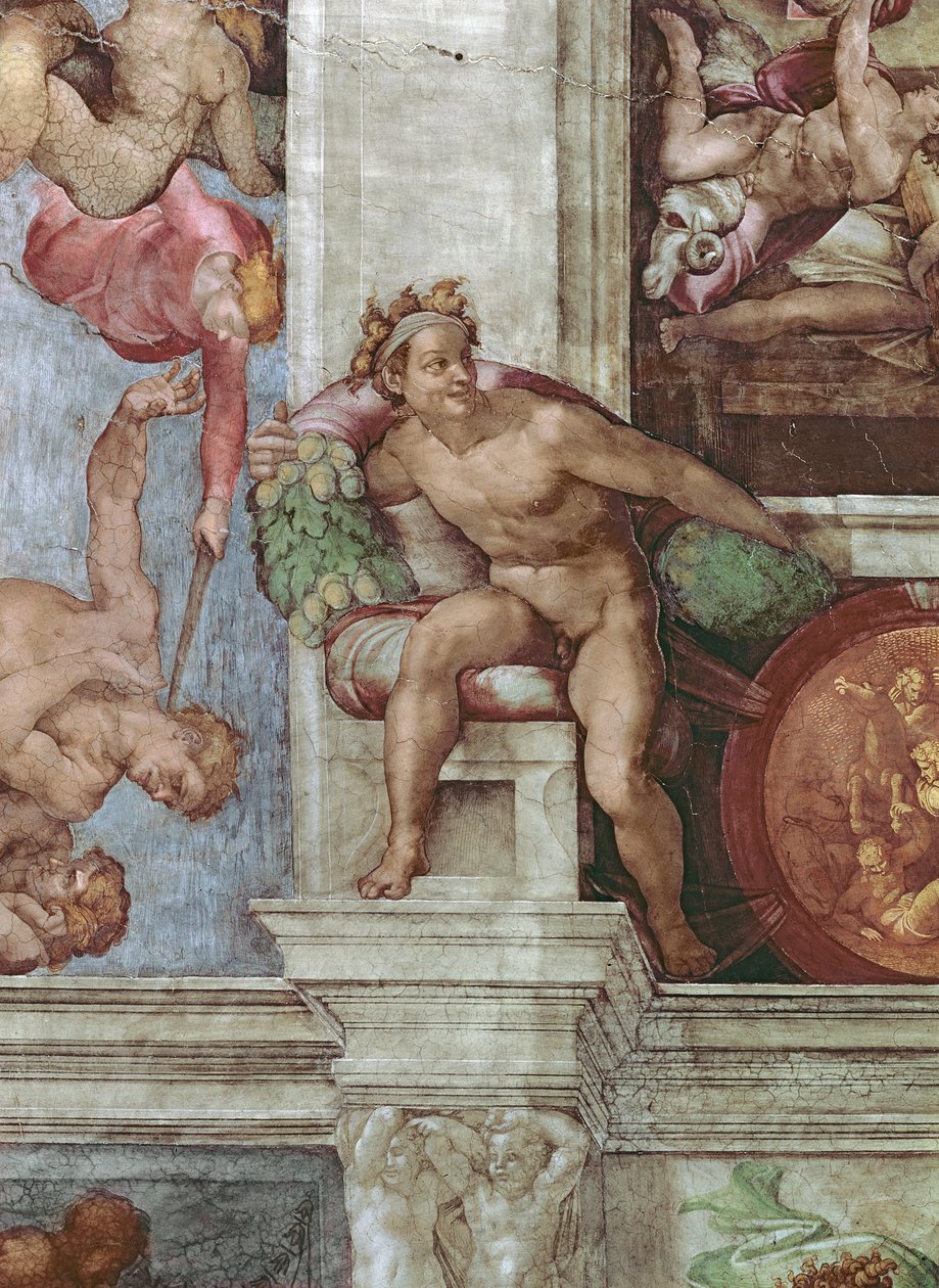 Teto da Capela Sistina 1508-12: Expulsão de Adão e Eva do Jardim do Éden detalhe de restauração do afresco de 571: Ignudo de Michelangelo Buonarroti