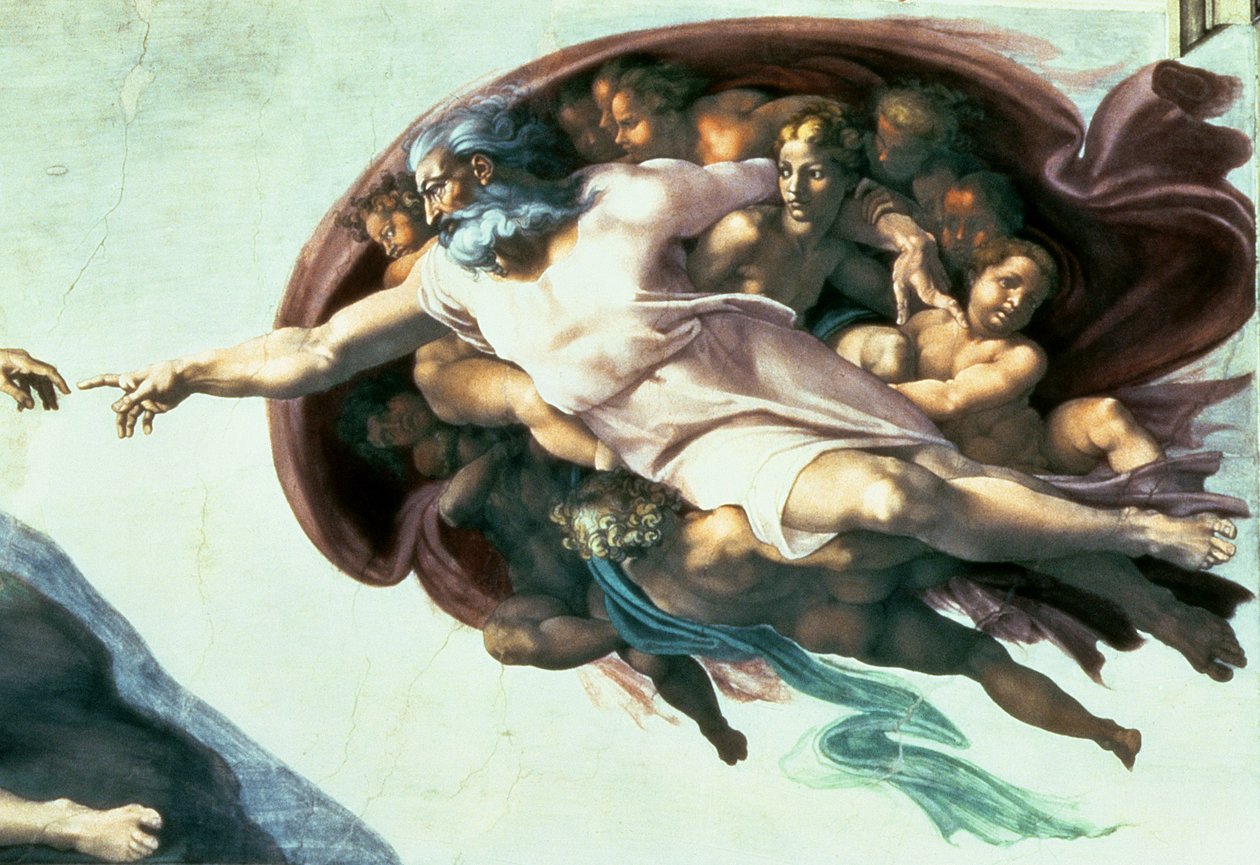 Teto da Capela Sistina: Criação de Adão, 1510 (pós restauração) (detalhe de 77430) de Michelangelo Buonarroti