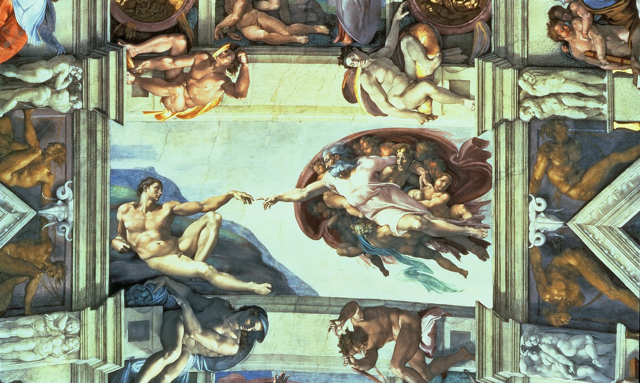Teto da Capela Sistina: Criação de Adão, 1510 (pós-restauração) de Michelangelo Buonarroti