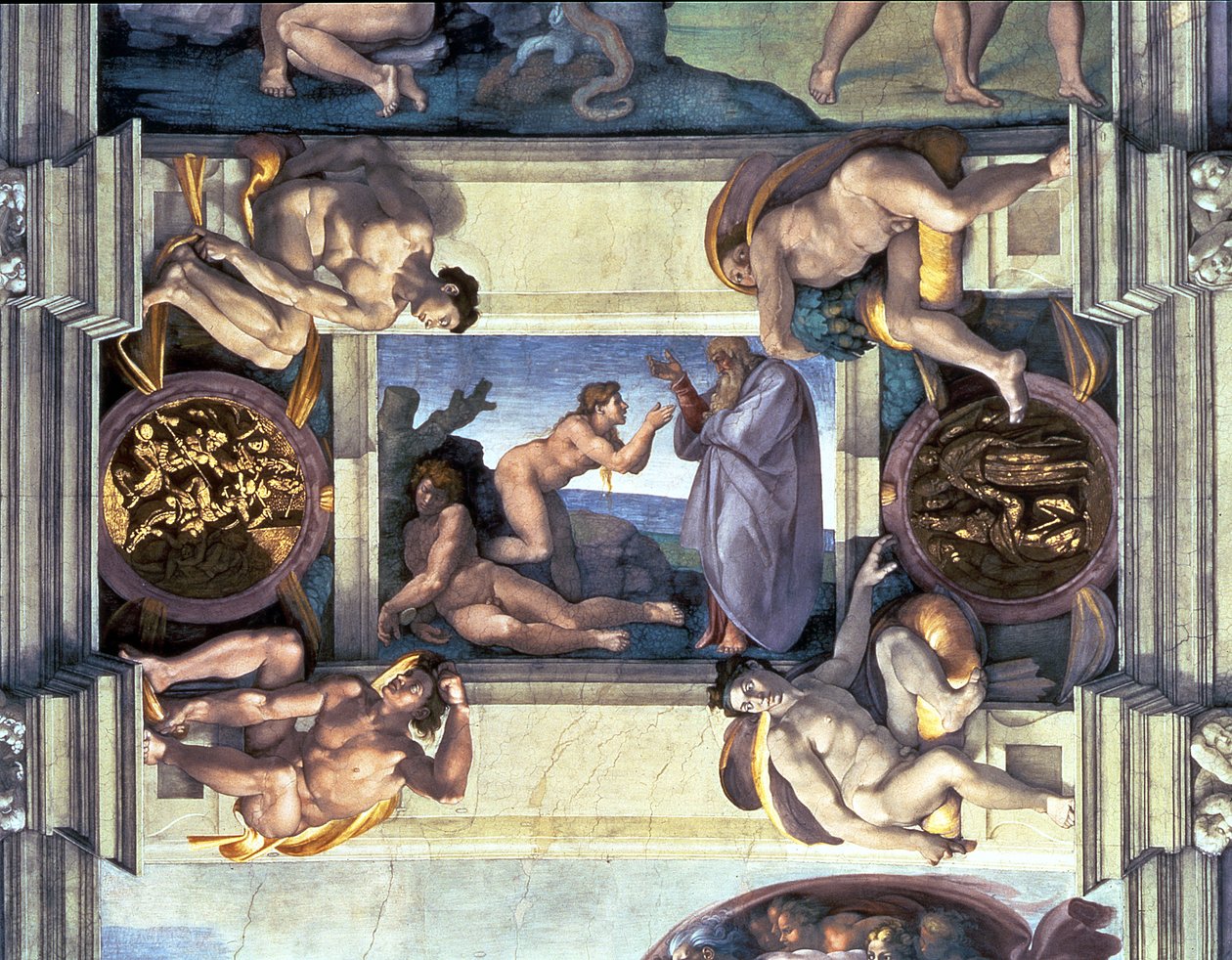 Teto da Capela Sistina: Criação de Eva, com quatro Ignudi, 1510 (pós-restauração) de Michelangelo Buonarroti