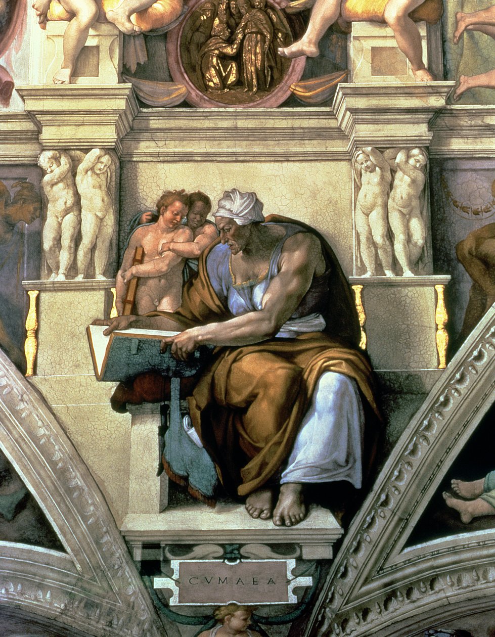 Teto da Capela Sistina: Sibila Cumaeana, 1510 (pós restauração) de Michelangelo Buonarroti