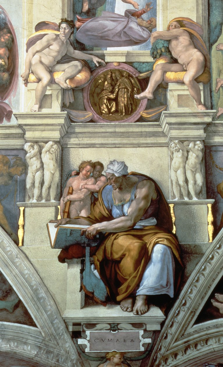 Capela Sistina Teto: Sibila Cumaean, 1510 afresco post detalhe restauração de 76588 de Michelangelo Buonarroti