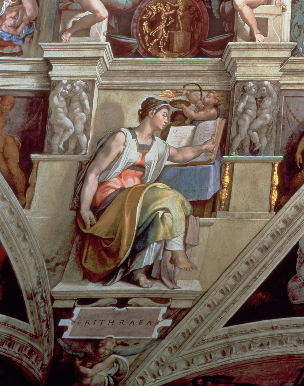 Teto da Capela Sistina: Sibila Eritrosa, 1510 (pós-restauração) de Michelangelo Buonarroti