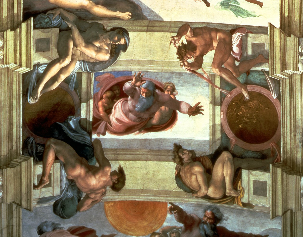 Teto da Capela Sistina: Deus Separando a Terra do Mar, com quatro Ignudi, 1510 (pós-restauração) de Michelangelo Buonarroti