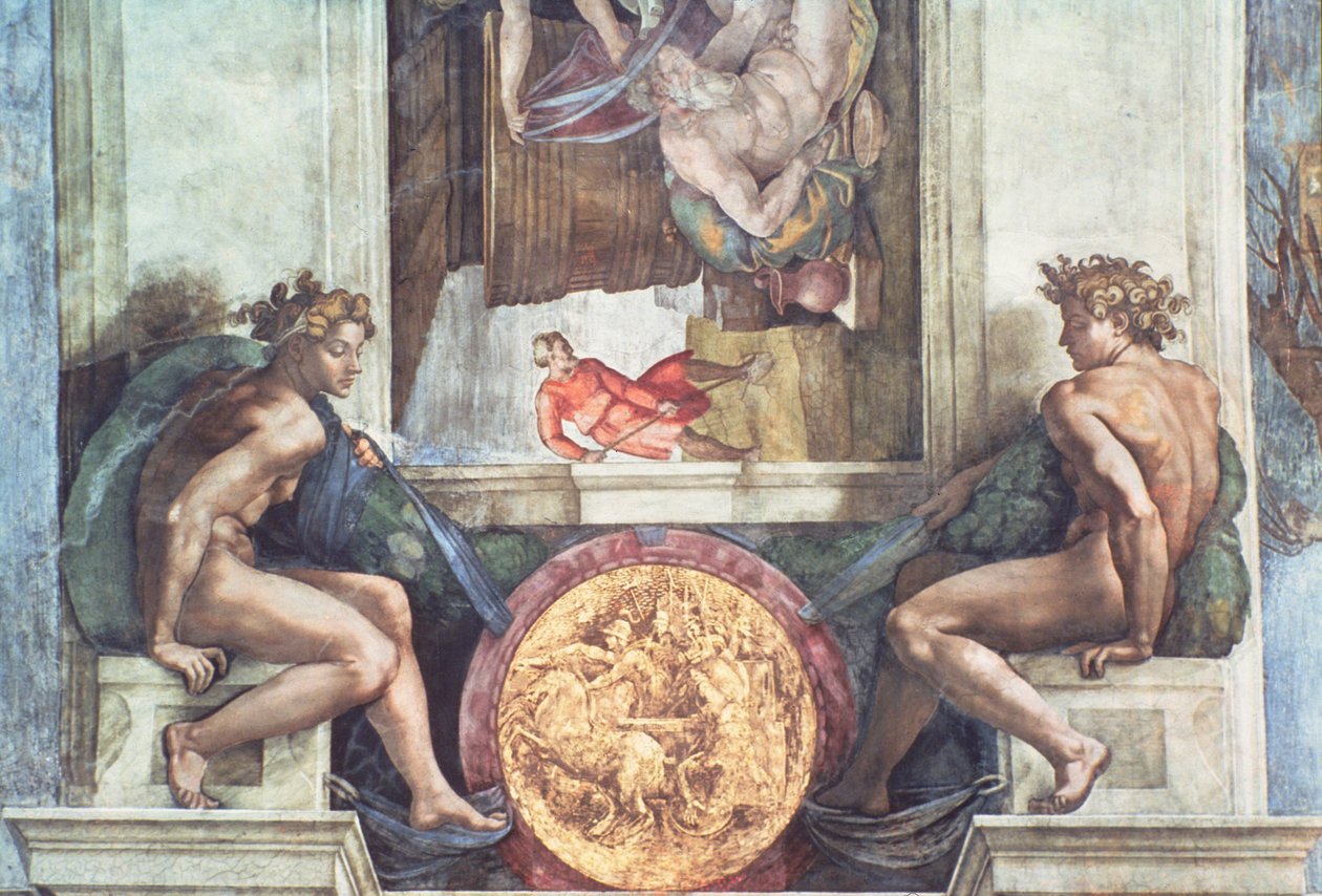 Teto da Capela Sistina: Ignudi (pré restauração) de Michelangelo Buonarroti