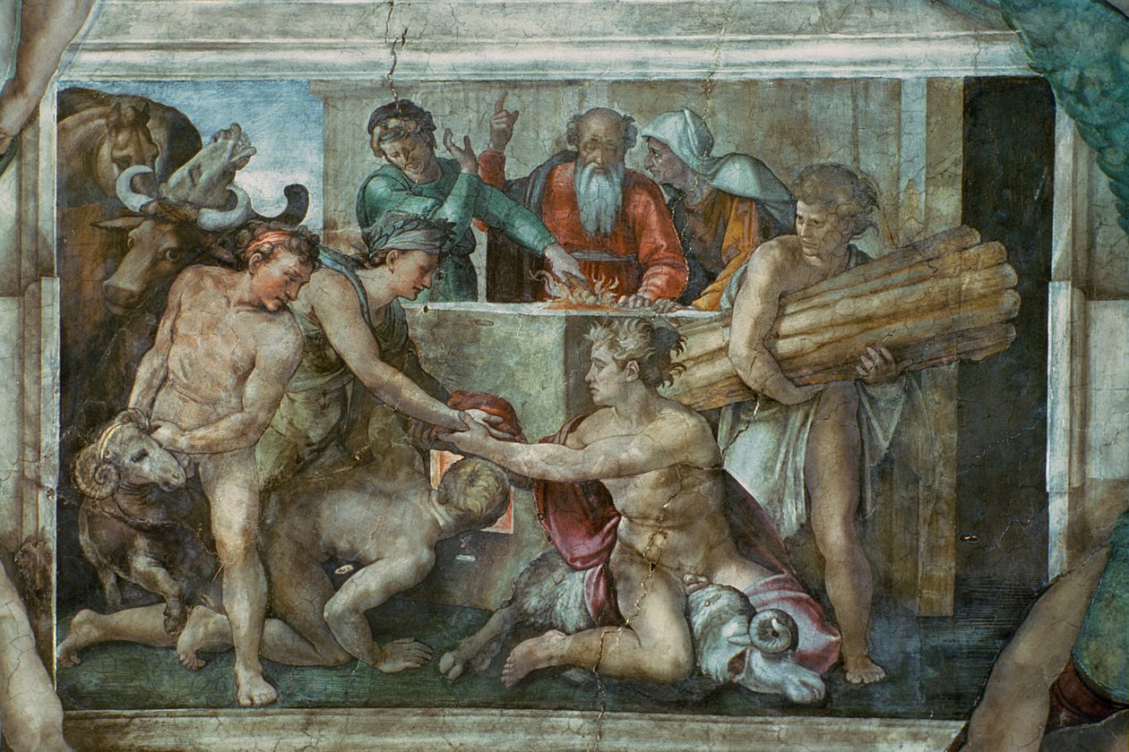 Teto da Capela Sistina: Noé Depois do Dilúvio (pré restauração) de Michelangelo Buonarroti