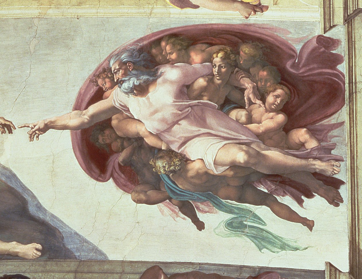Teto da Capela Sistina: A Criação de Adão, detalhe de Deus Pai, 1508-12 (pós restauração) de Michelangelo Buonarroti