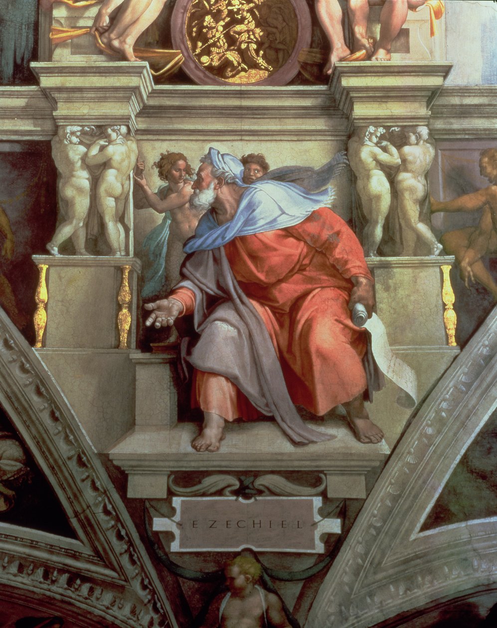Teto da Capela Sistina: O Profeta Ezequiel, 1510 (pós restauração) de Michelangelo Buonarroti