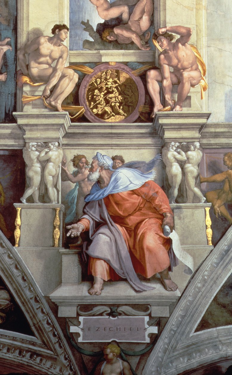 Teto da Capela Sistina: O Profeta Ezequiel, 1510 afresco post detalhe restauração de 76588 de Michelangelo Buonarroti