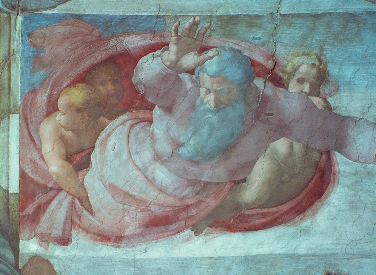 Capela Sistina: Deus dividindo as águas e a terra (pré restauração) (detalhe) de Michelangelo Buonarroti