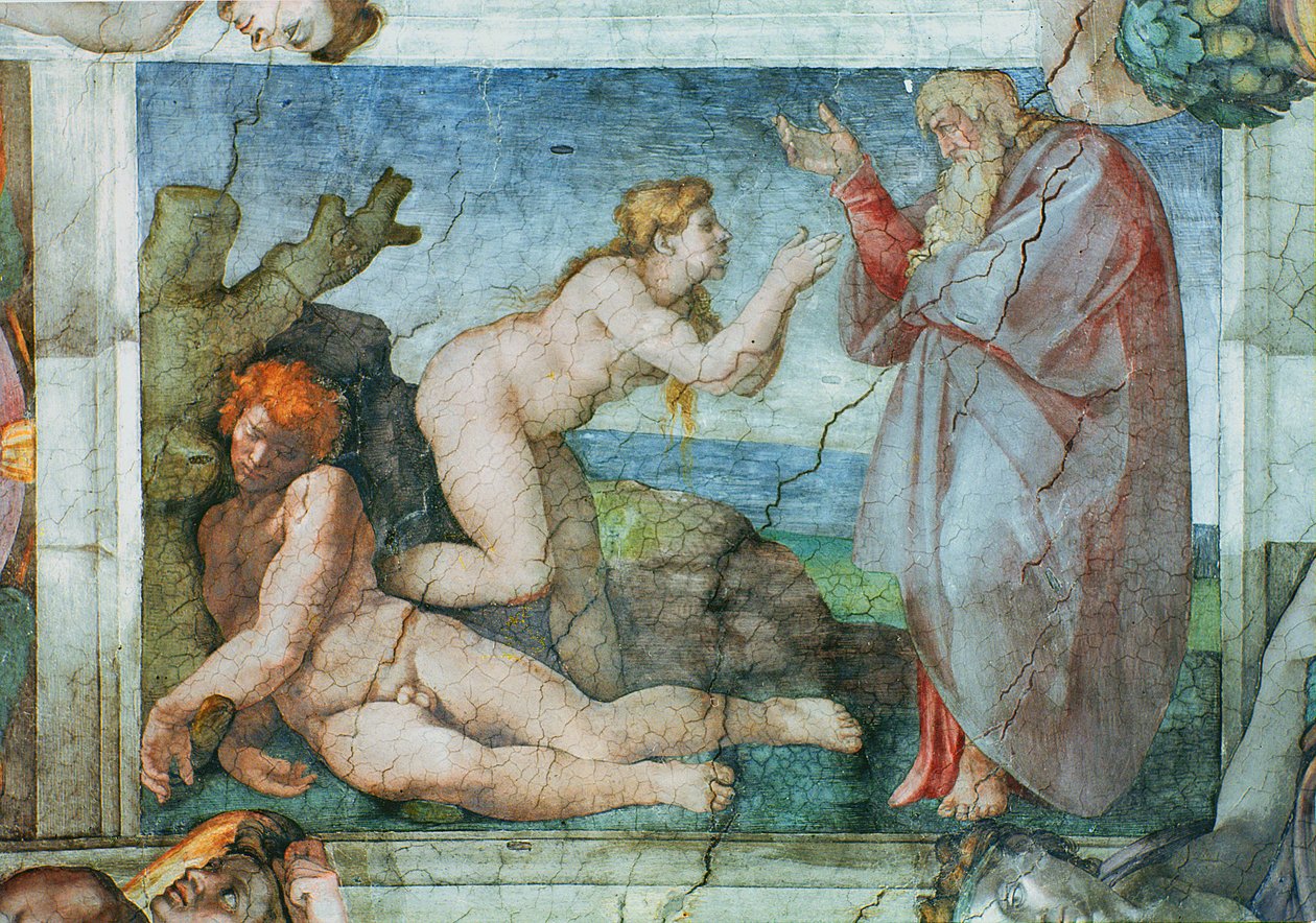 Teto da Capela Sistina: Criação de véspera, com quatro Ignudi, 1511 (pré restauração) de Michelangelo Buonarroti