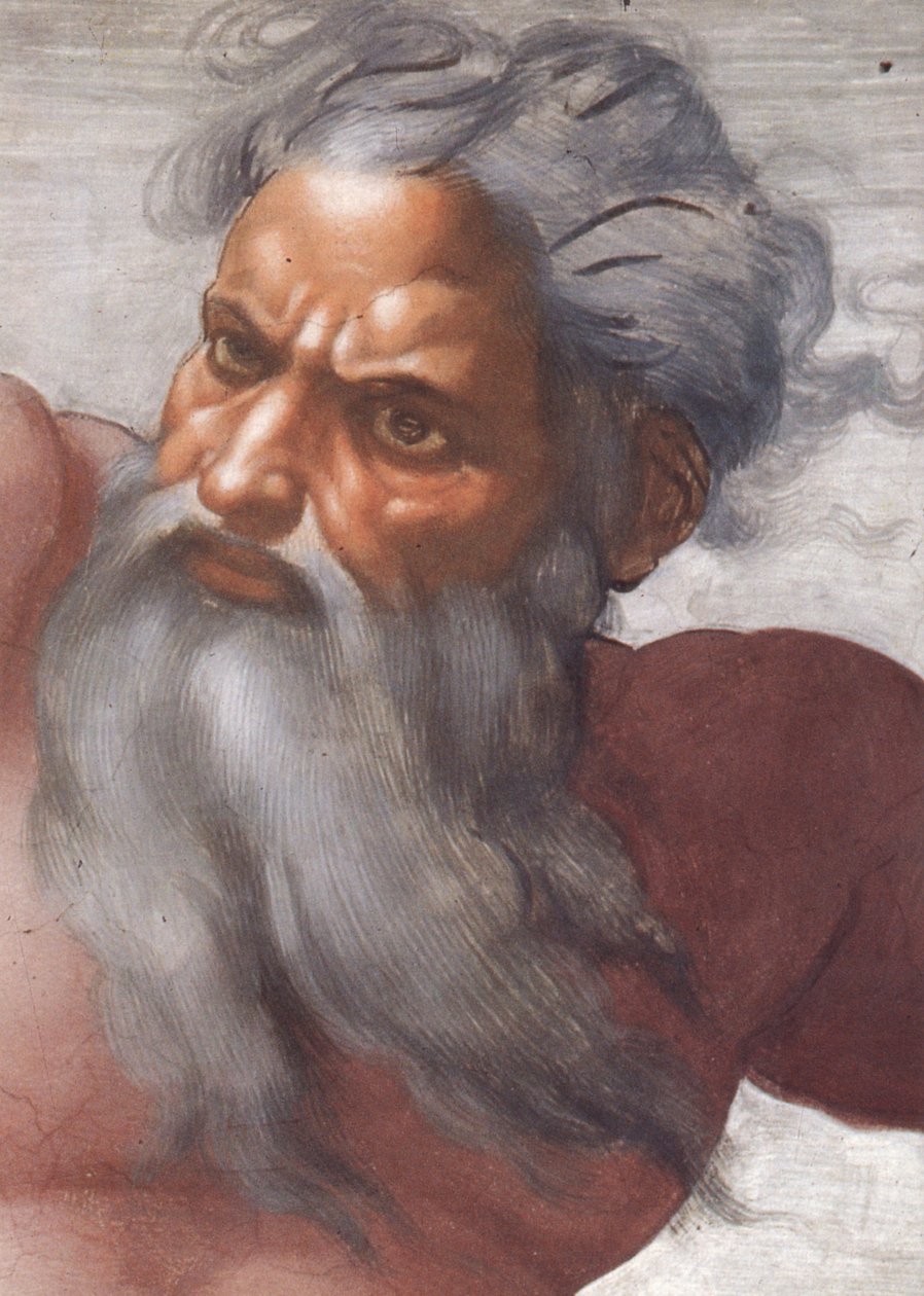 Teto da Capela Sistina: Criação do Sol e da Lua, 1508-12, detalhe da face de Deus de Michelangelo Buonarroti