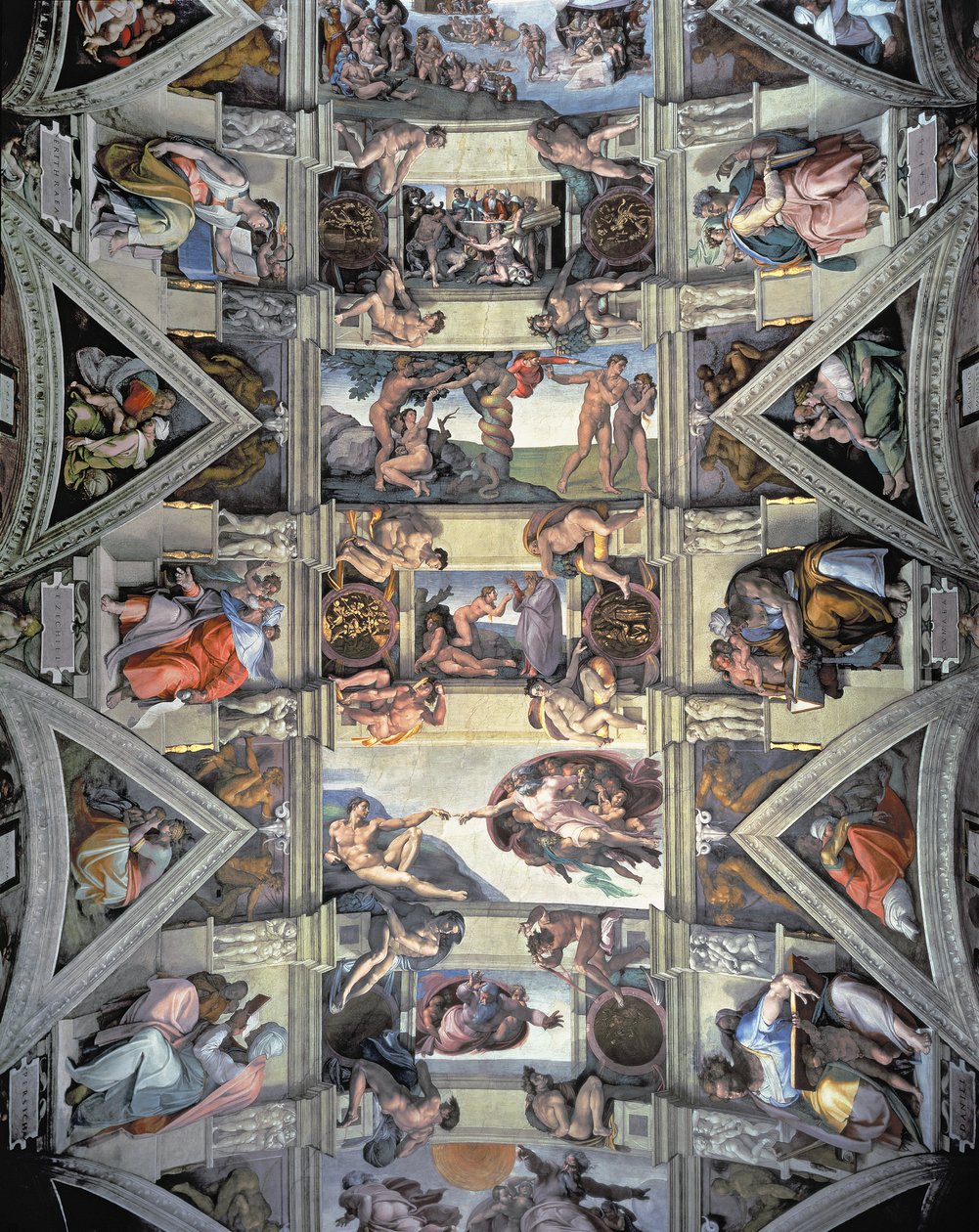 Teto da Capela Sistina e lunettes, 1508-12 (pós-restauração) de Michelangelo Buonarroti