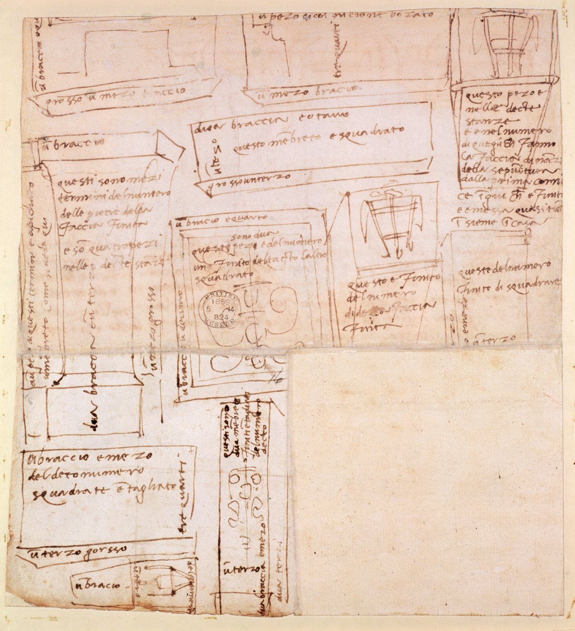 Esboço de blocos de mármore para estátuas com notas (tinta marrom no papel) (verso) de Michelangelo Buonarroti
