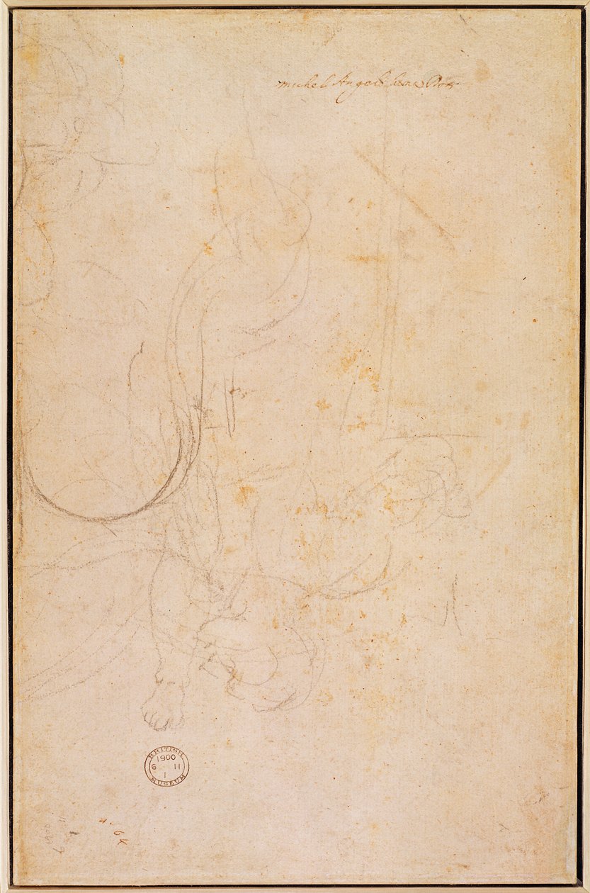 Esboço de uma figura com assinatura do artista (carvão no papel) (verso) de Michelangelo Buonarroti