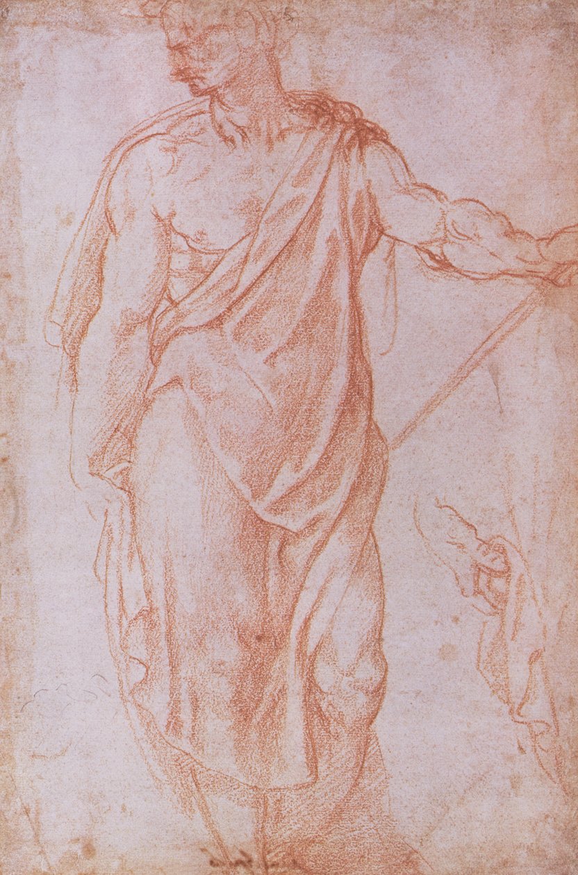 Esboço de um homem segurando uma equipe e um estudo de uma mão (giz vermelho sobre papel) de Michelangelo Buonarroti