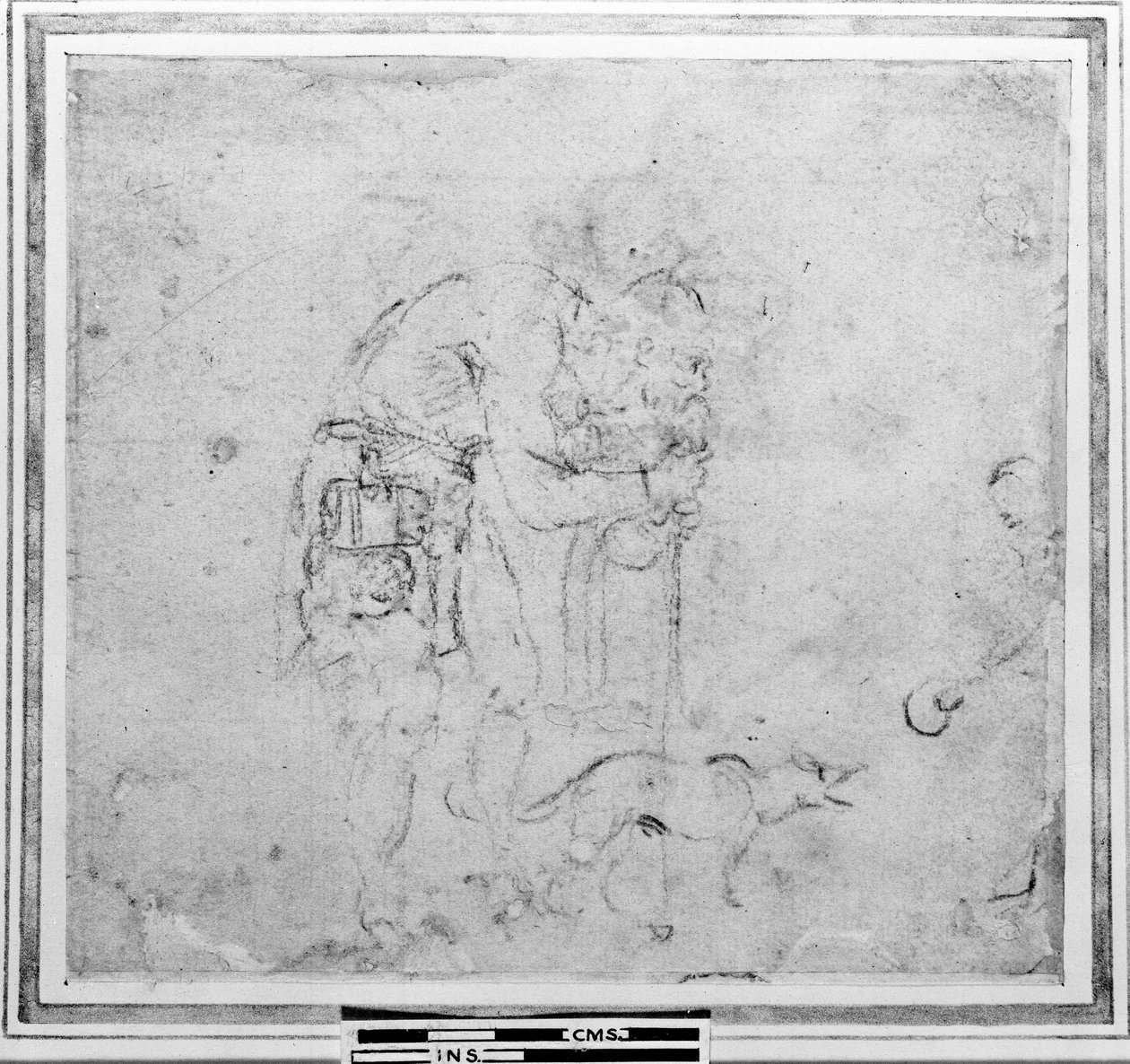 Esboce com uma figura e um cachorro (carvão no papel) de Michelangelo Buonarroti