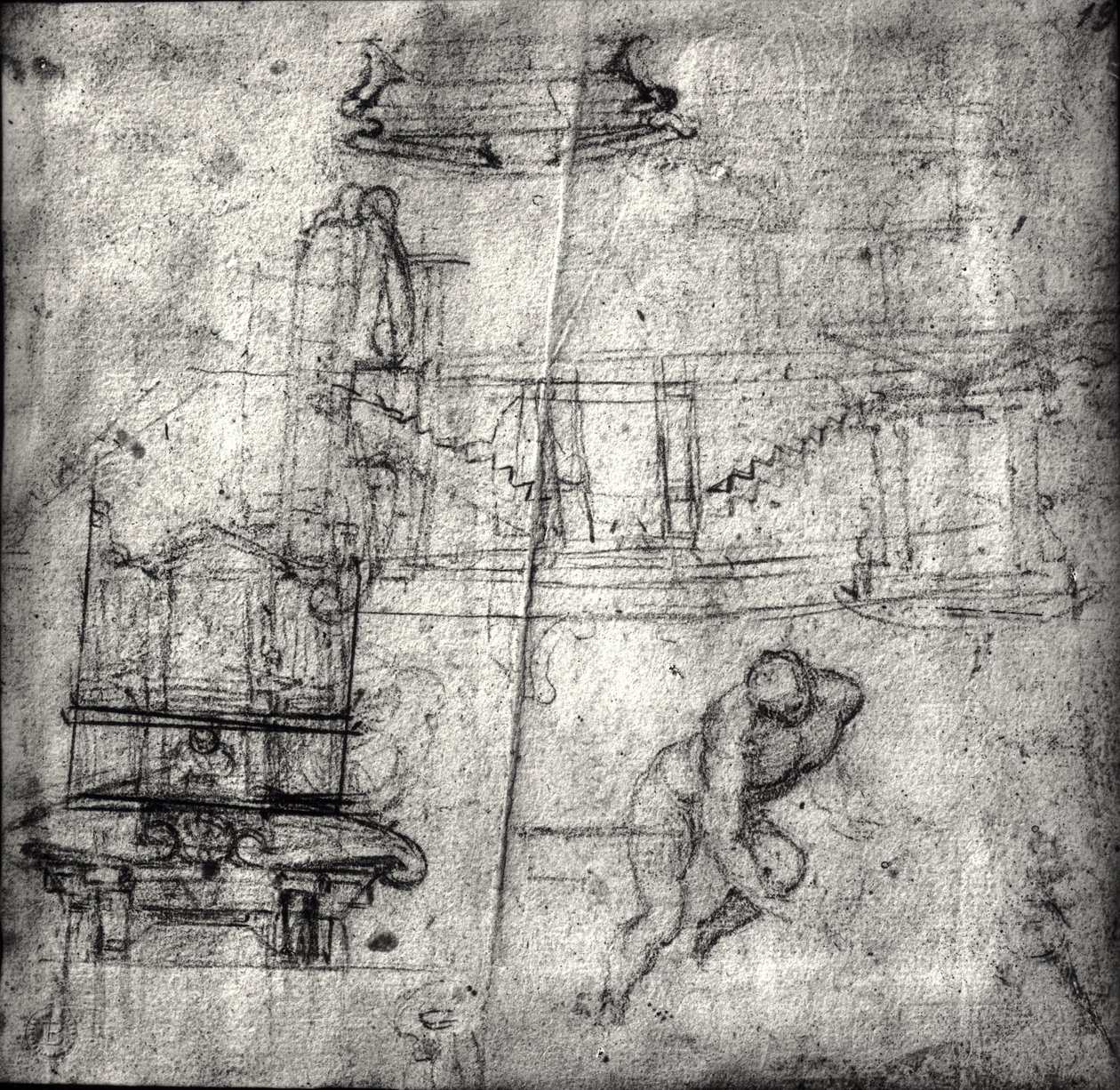 Esboço com estudos de arquitetura e um nu masculino de Michelangelo Buonarroti