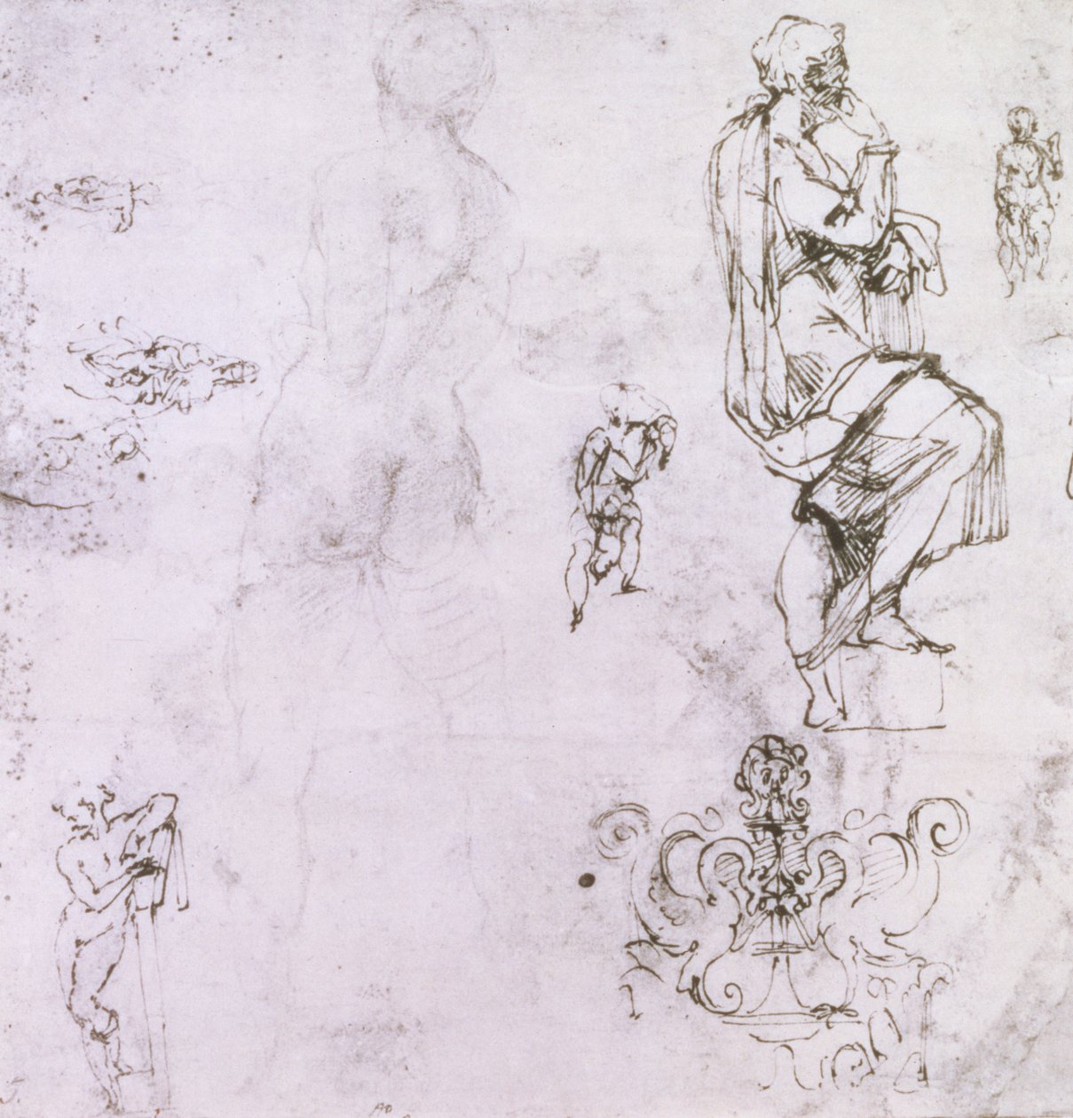 Esboços de nus masculinos, madonna e criança e um emblema decorativo (caneta e tinta sobre papel) de Michelangelo Buonarroti